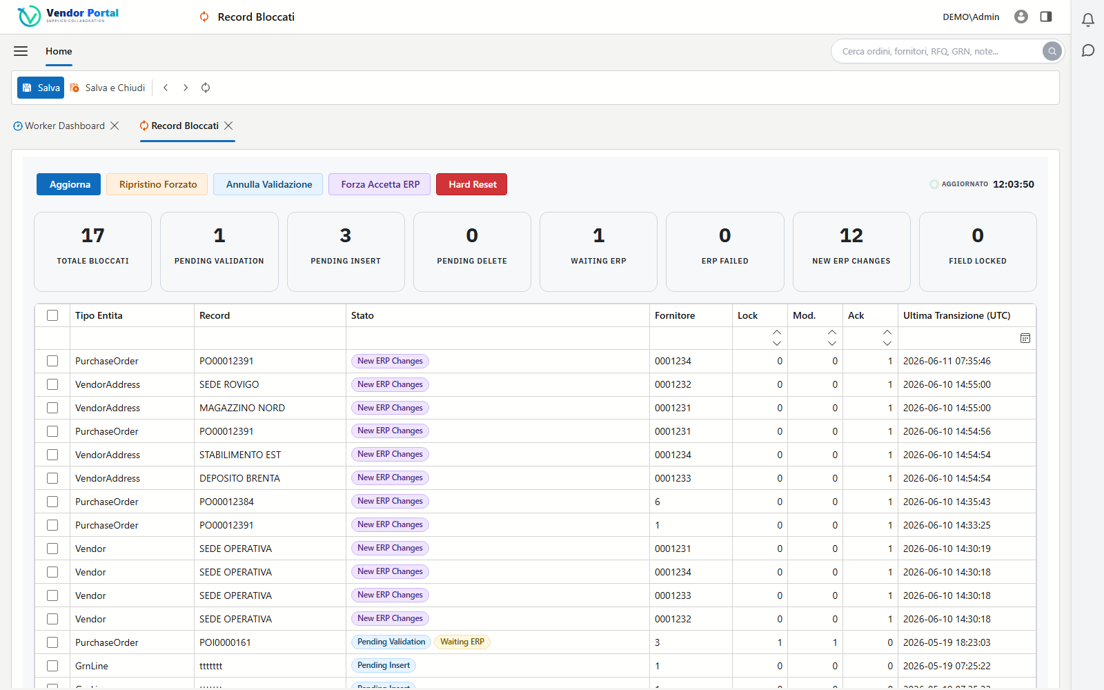 Dashboard Record Bloccati: contatori per stato e azioni di ripristino cross-entita