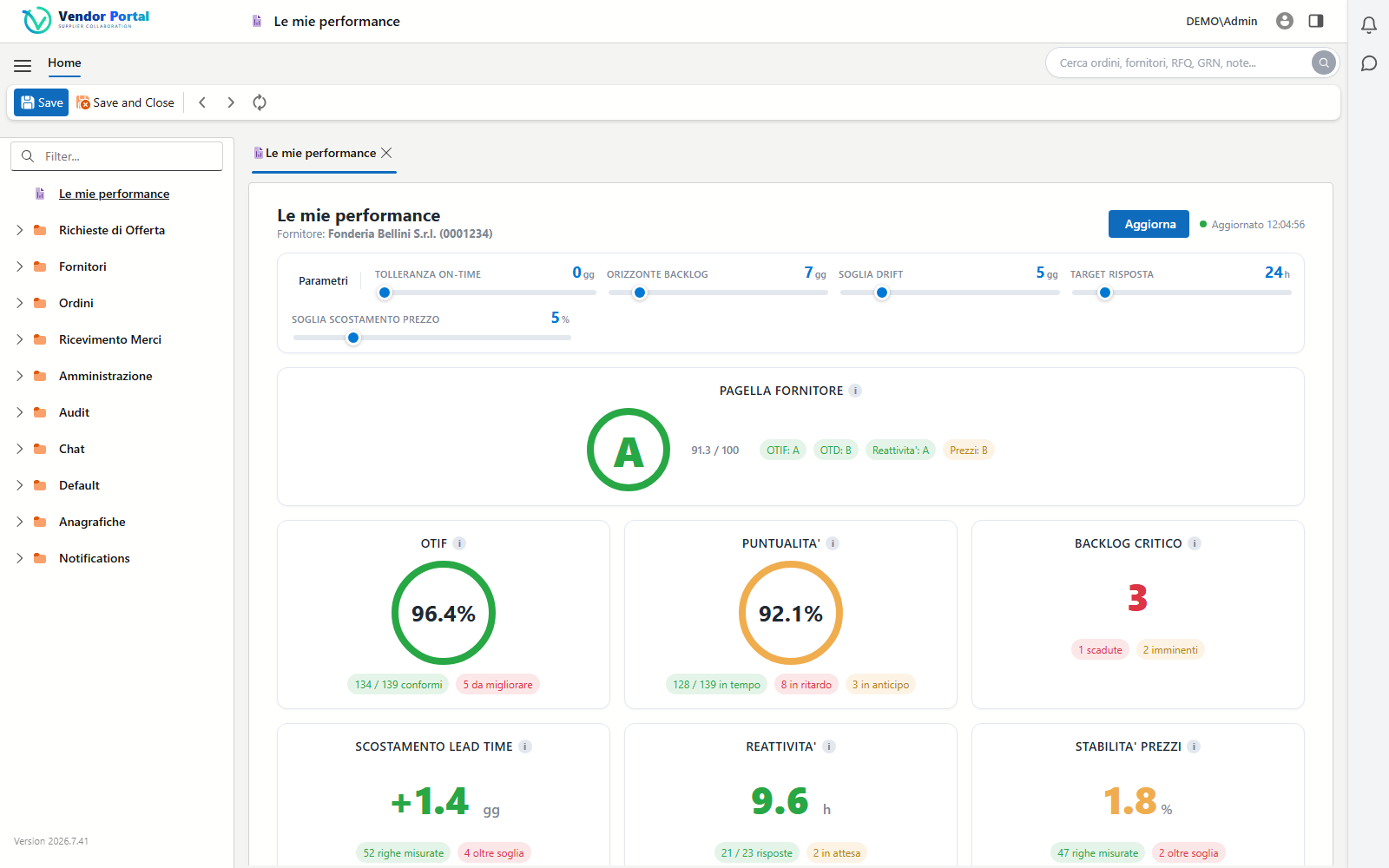 Dashboard Le mie performance: pagella fornitore, OTIF, puntualita' di consegna, backlog critico e scostamento lead time