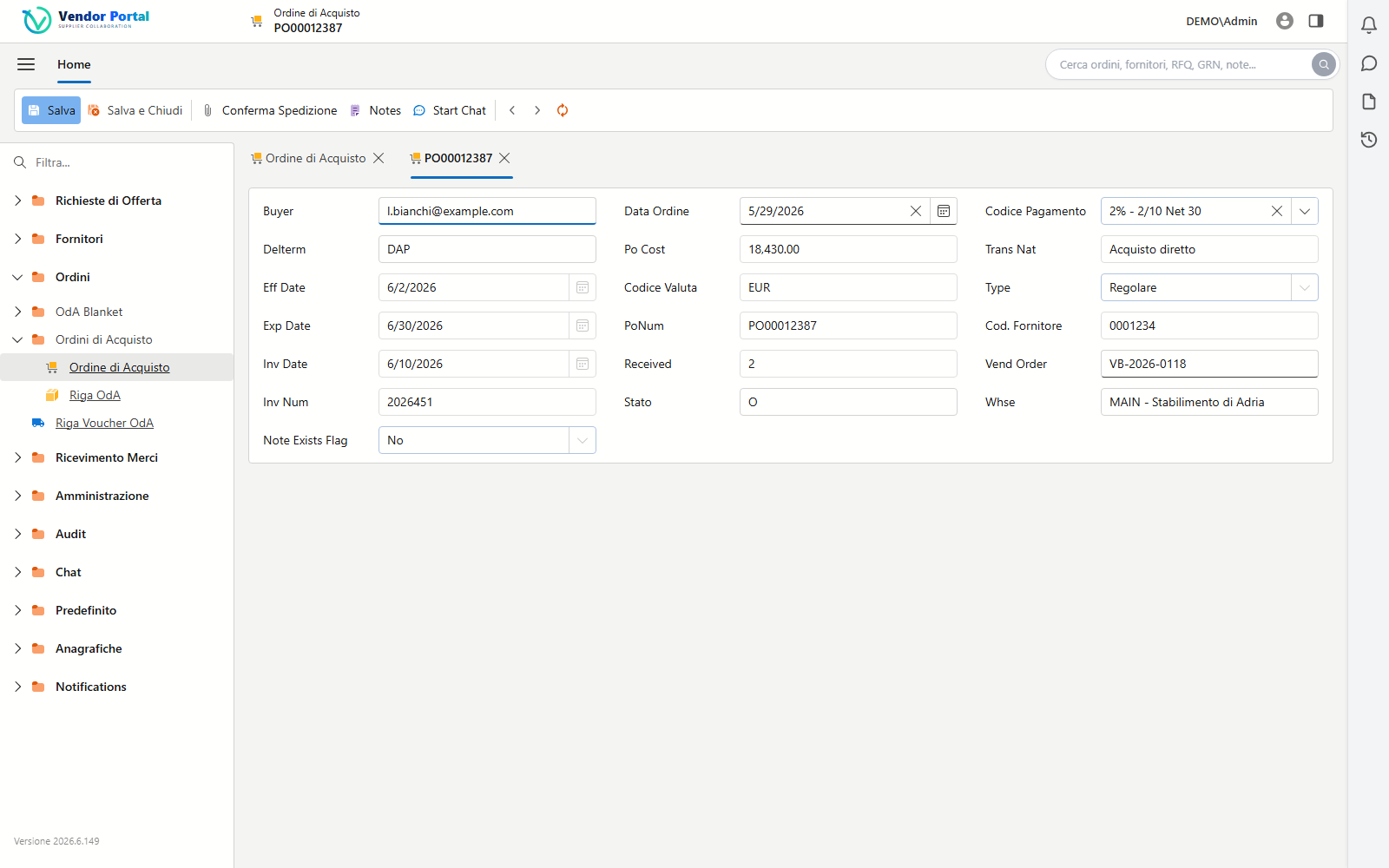 Dettaglio Ordine di Acquisto con azioni Conferma Spedizione, Start Chat e Accetta Modifiche ERP