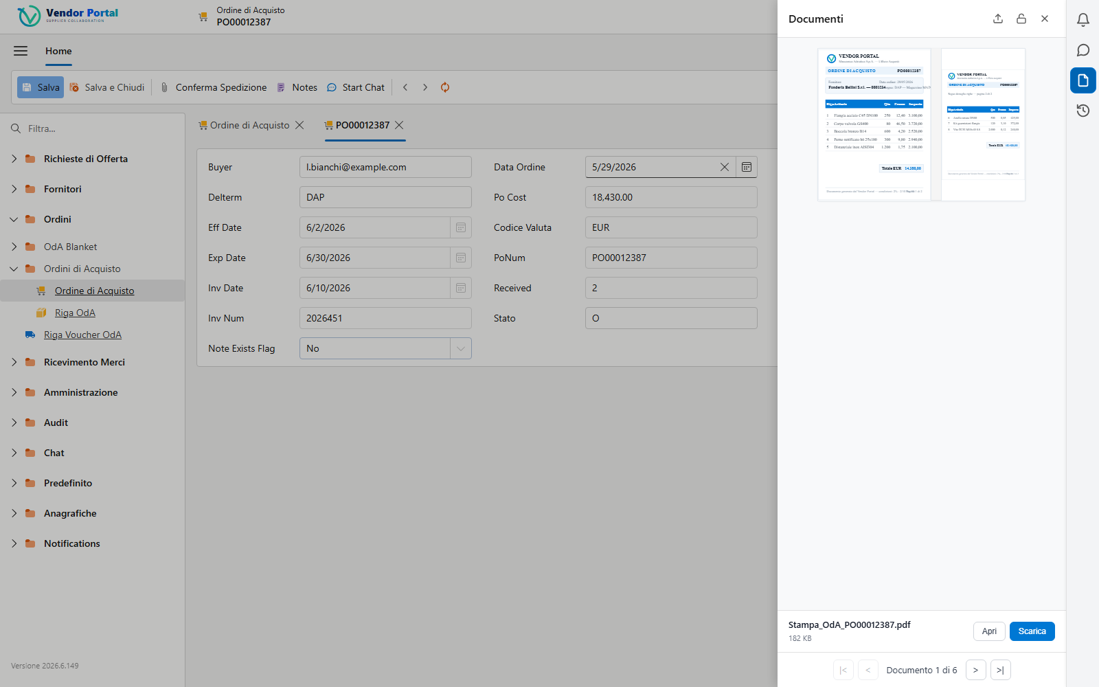 Widget Documenti dello Smart Panel con allegati IDM dell'ordine e anteprima
