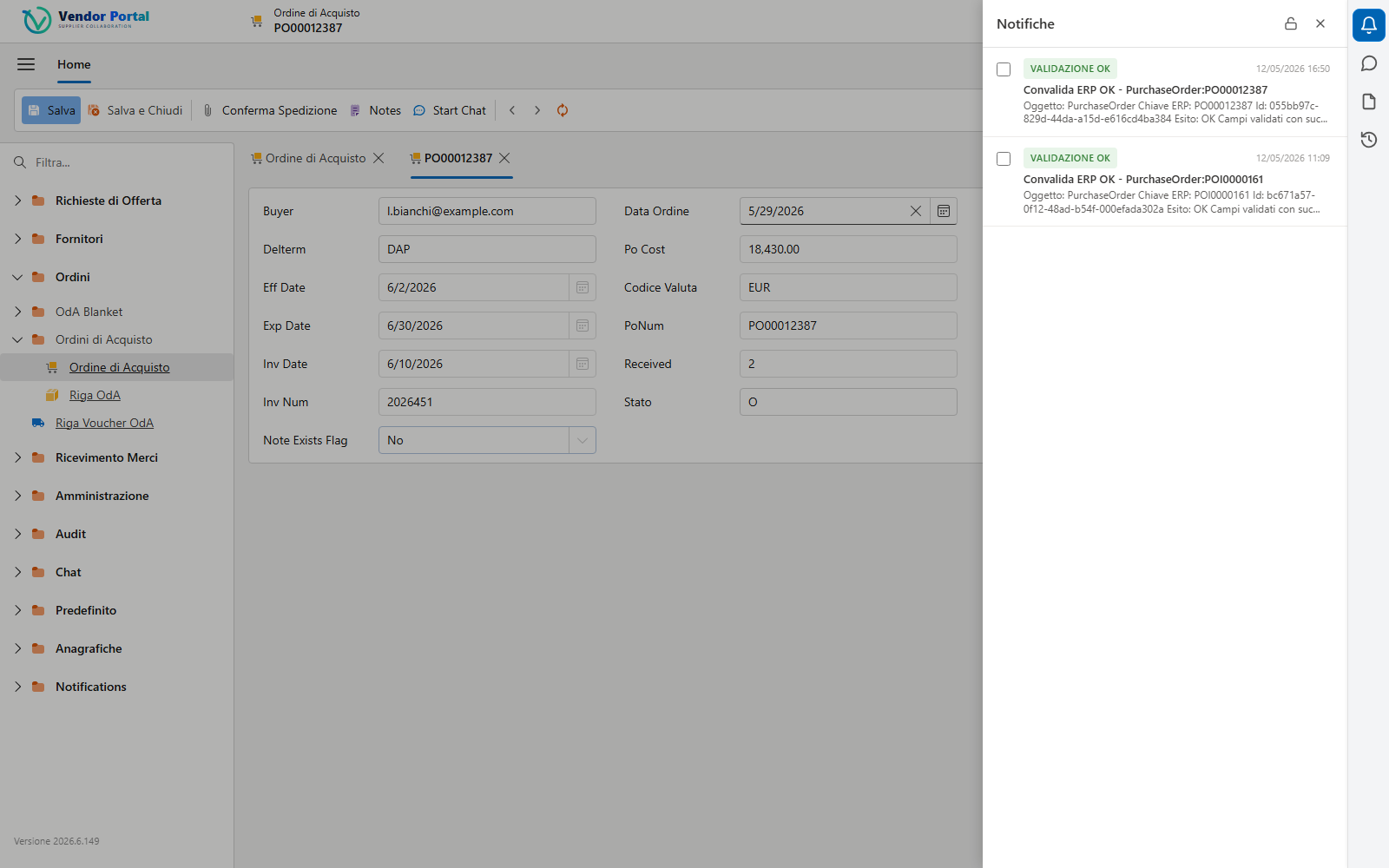 Widget Notifiche dello Smart Panel con esiti di validazione ERP sul dettaglio ordine